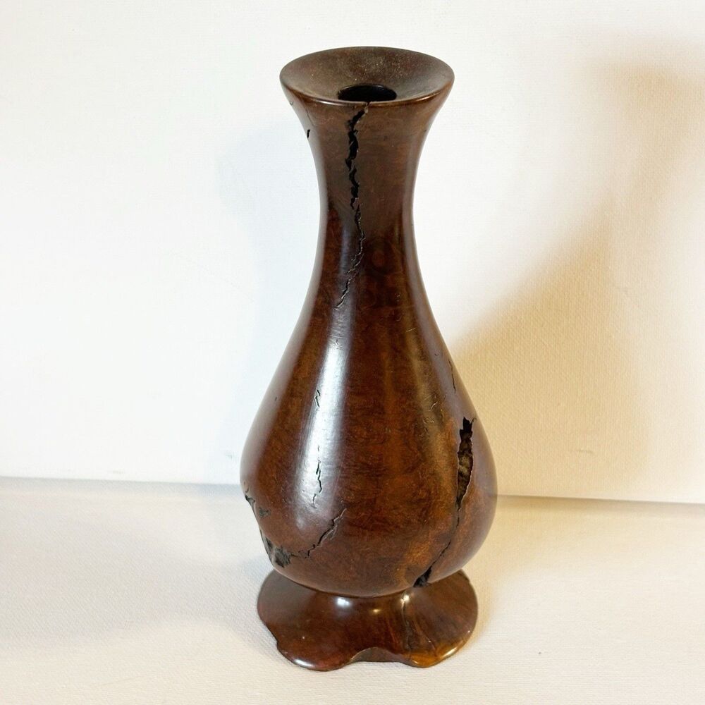 Vtg Modernist MCM Turned Burl Wood Art Vase Bud Vase Live Edge Rustic Lodge